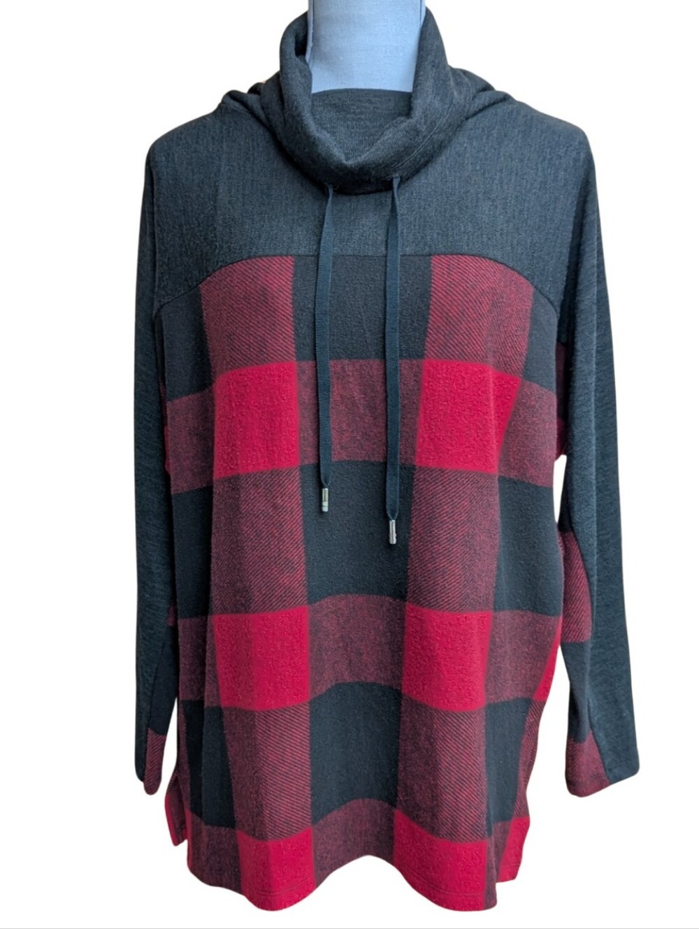 SCAPA Lauren Perre Buffalo Plaid Cowl Neck Drawstring Sweater Made in Canada L